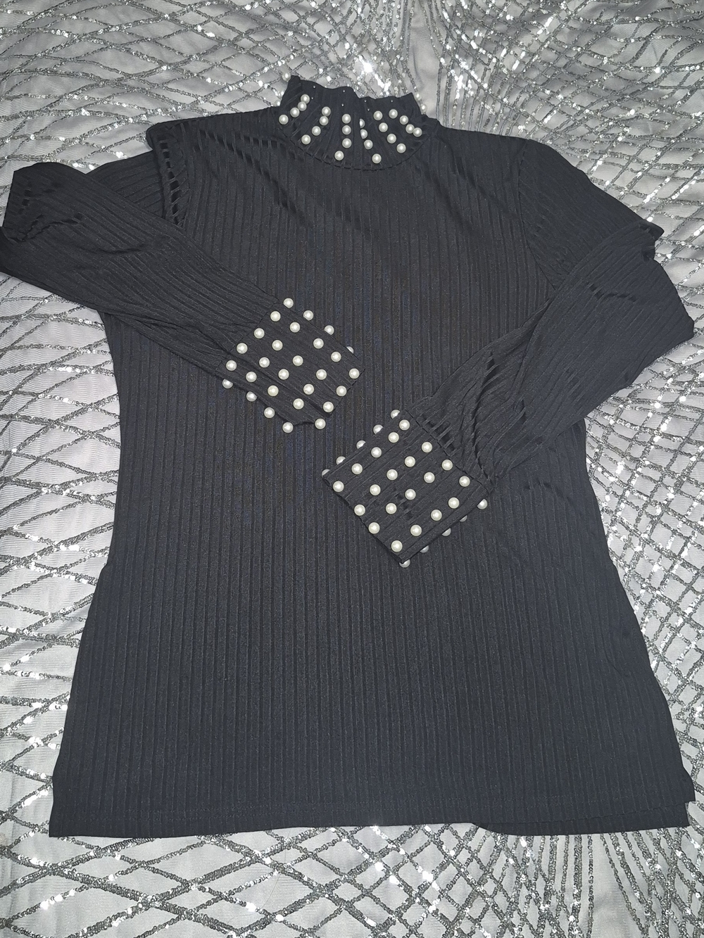 SHEIN Black Ribbed Long-Sleeve Top And Bottom Set with Pearl Trim
